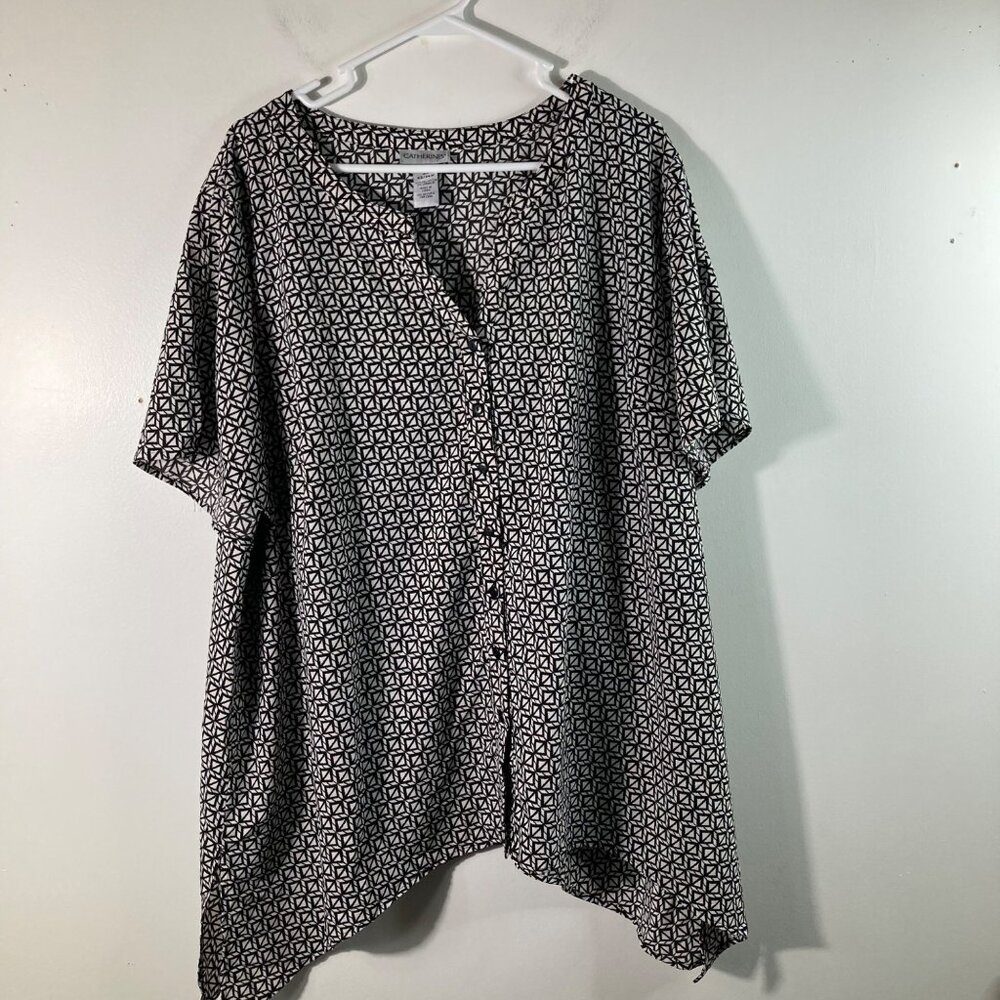 Womens Catherines Geometric Button Shirt Short Sleeve Black White 2X 22/24W